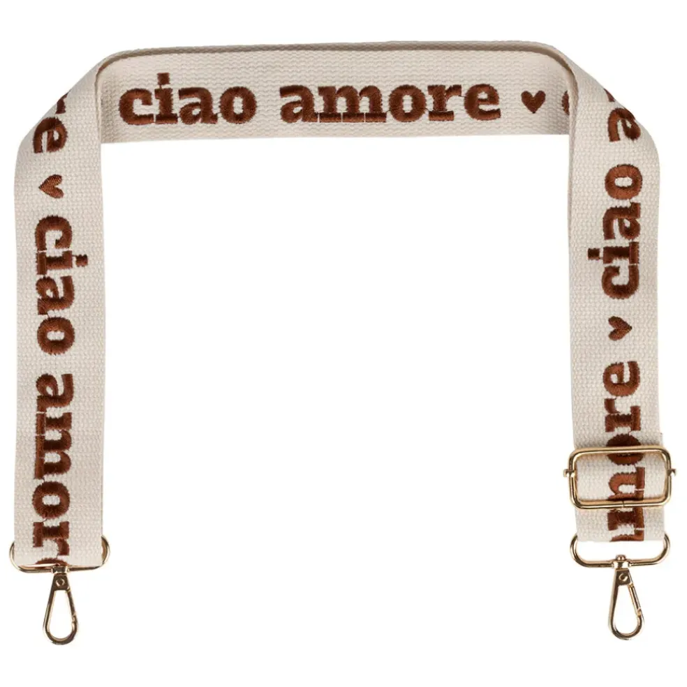Bandoulière brodée ciao réglable en coton écru et terracotta