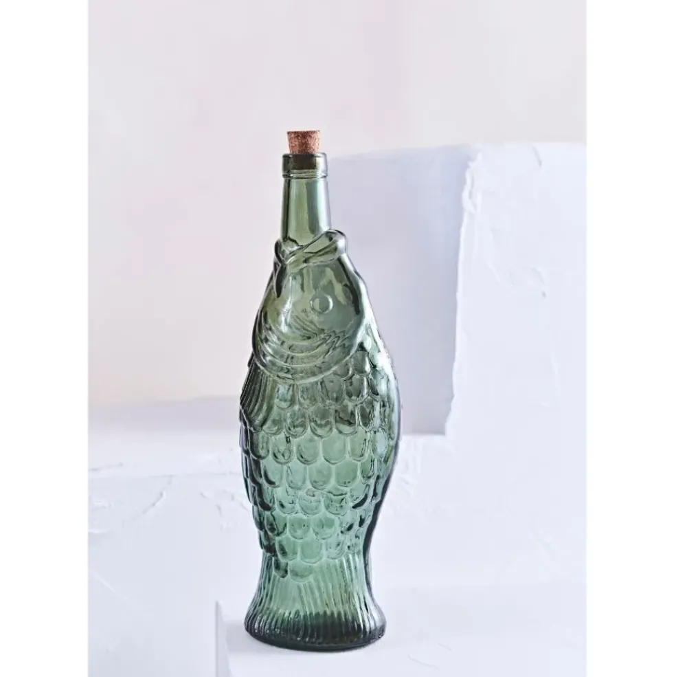 Bouteille Poisson en verre recyclé sablé sauge 1.1l