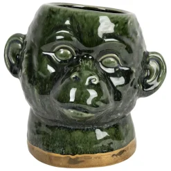 Cache pot singe en grès kaki et doré - Sanaga
