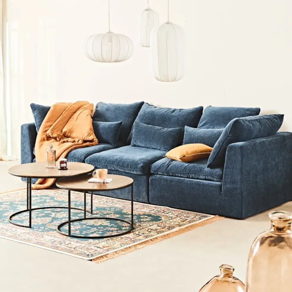 Canapé modulable 3 places bleu grisé avec pouf - Auguste