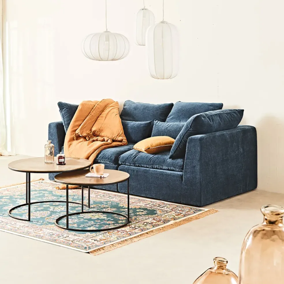 Canapé modulable 3 places bleu grisé avec pouf - Auguste