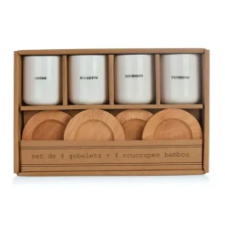 Coffret 4 tasses en faïence blanc avec soucoupes en bois 10cl
