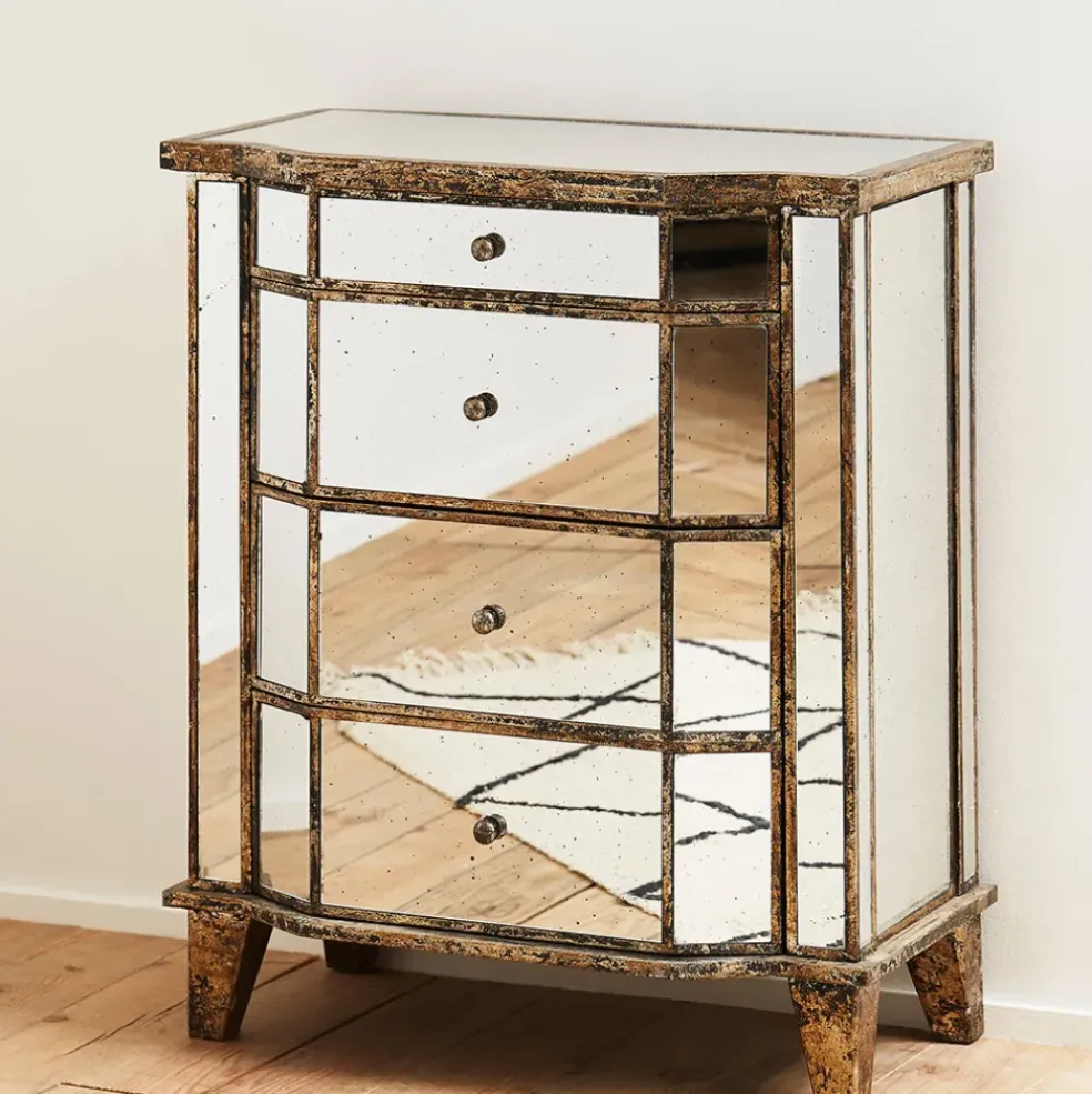 Commode en bois miroir patine 4 tiroirs H88cm