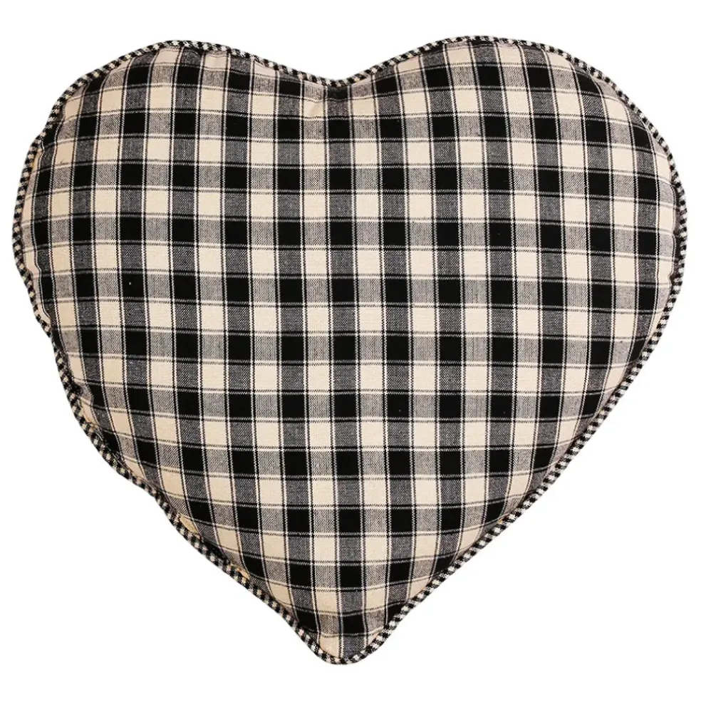 Coussin cœur en coton à carreaux noir 40x35cm - Campagne