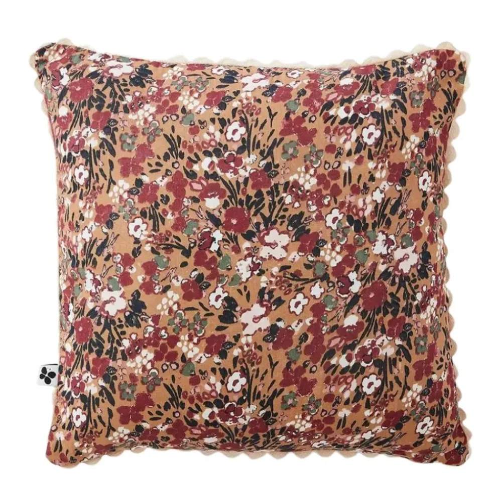 Coussin déhoussable avec croquet en gaze de coton imprimée camel 40x40cm - Capucine