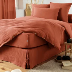 Drap housse en gaze de coton unie terracotta 160x200cm - Gaia