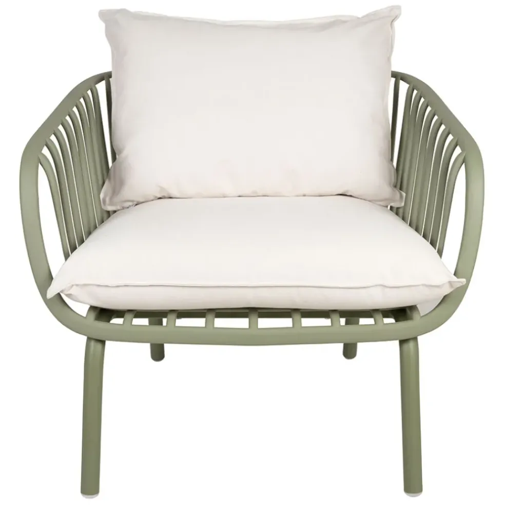 Fauteuil d'extérieur kaki avec 2 coussins en tissu blanc - Lumi