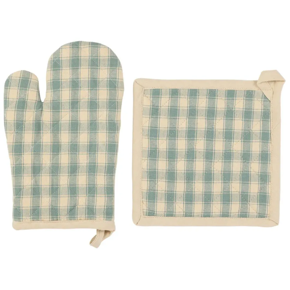 Gant et manique en coton vichy sauge - Campagne