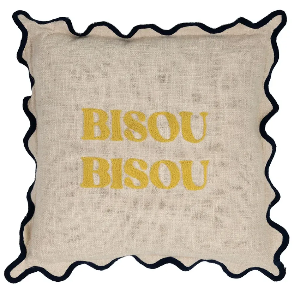 Housse de coussin brodée bisou en coton jaune et bleu 45x45cm - Lumi