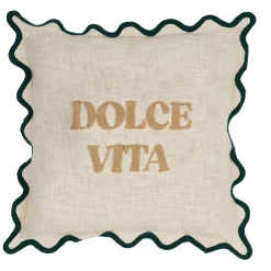 Housse de coussin brodée dolce vita en coton beige et émeraude 45x45cm - Lumi