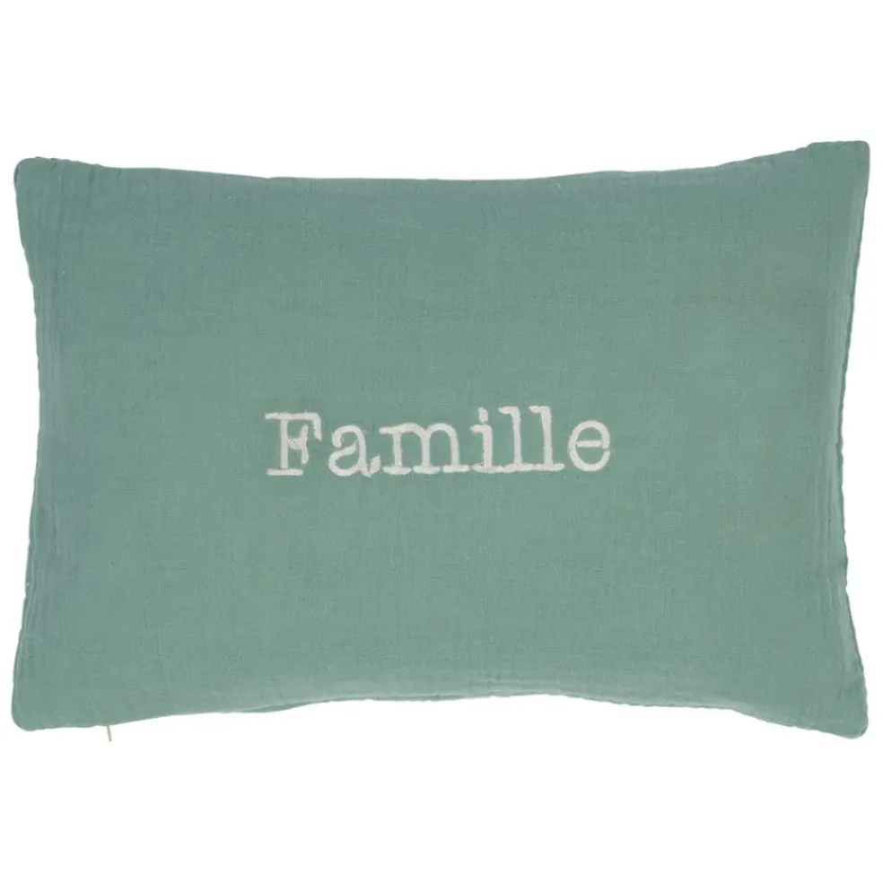 Housse de coussin famille en gaze de coton sauge 50x35cm