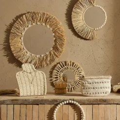 Miroir rond en raphia naturel d52cm - cauri