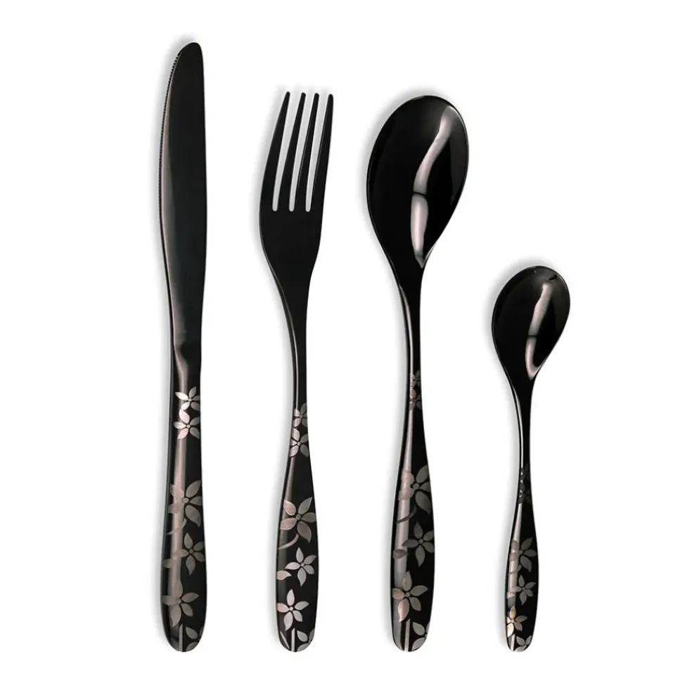 Ménagère 16 pièces en inox noir motif printemps