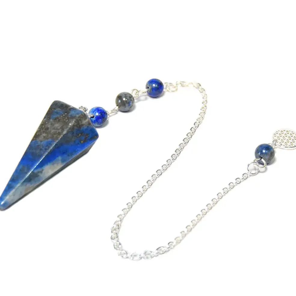 Pendule hexagonal en lapis-lazuli et charm fleur de vie
