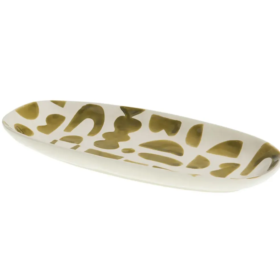 Plat ovale en grès vert et blanc - Ohana