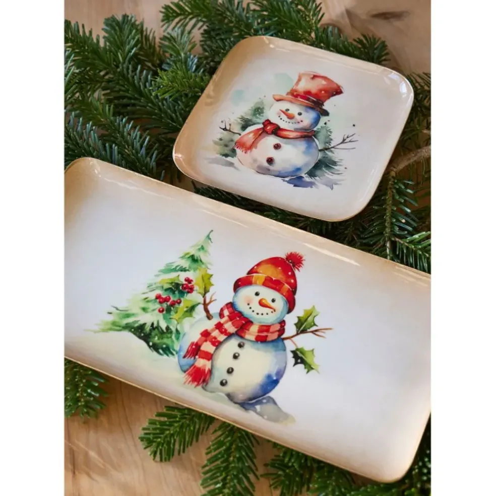 Plateau bonhomme de neige en fer multicolore 16x16cm - Noel