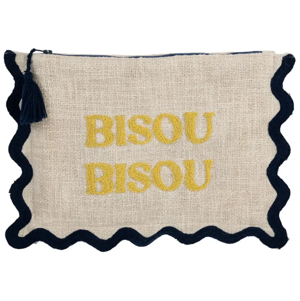Pochette brodée bisou en coton jaune et bleu - Lumi