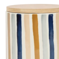 Pot x2 avec couvercle en bambou rayé bleu et beige en grès - blue sand