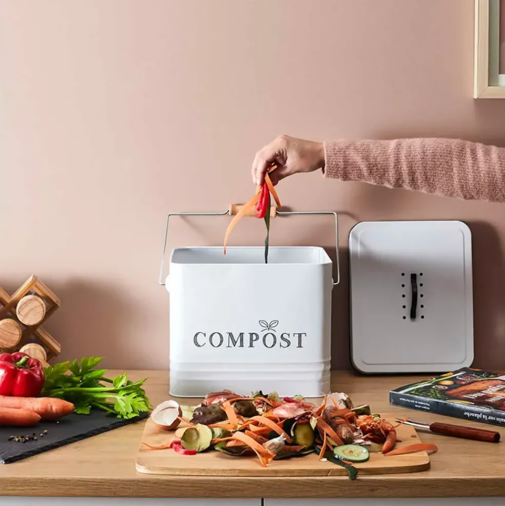 Poubelle à compost en métal blanc 10L