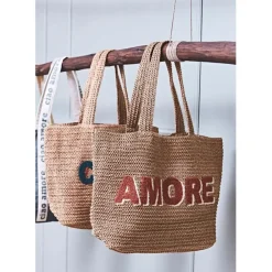 Sac brodé "amore" en corde de papier naturel et terracotta - Lumi