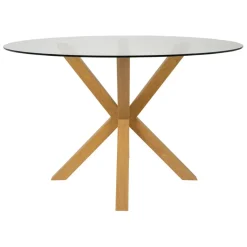 Table à manger ronde en verre trempé et métal naturel d119cm - Adela