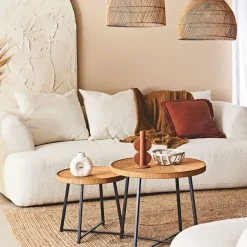 Table basse (lot de 2) en bambou, rotin et pieds en fer noir - Saori