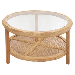 Table basse ronde en sapin naturel et verre trempé d75cm - Firmin