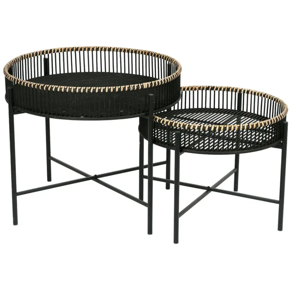 Table basse ronde (x2) en bambou et fer noir