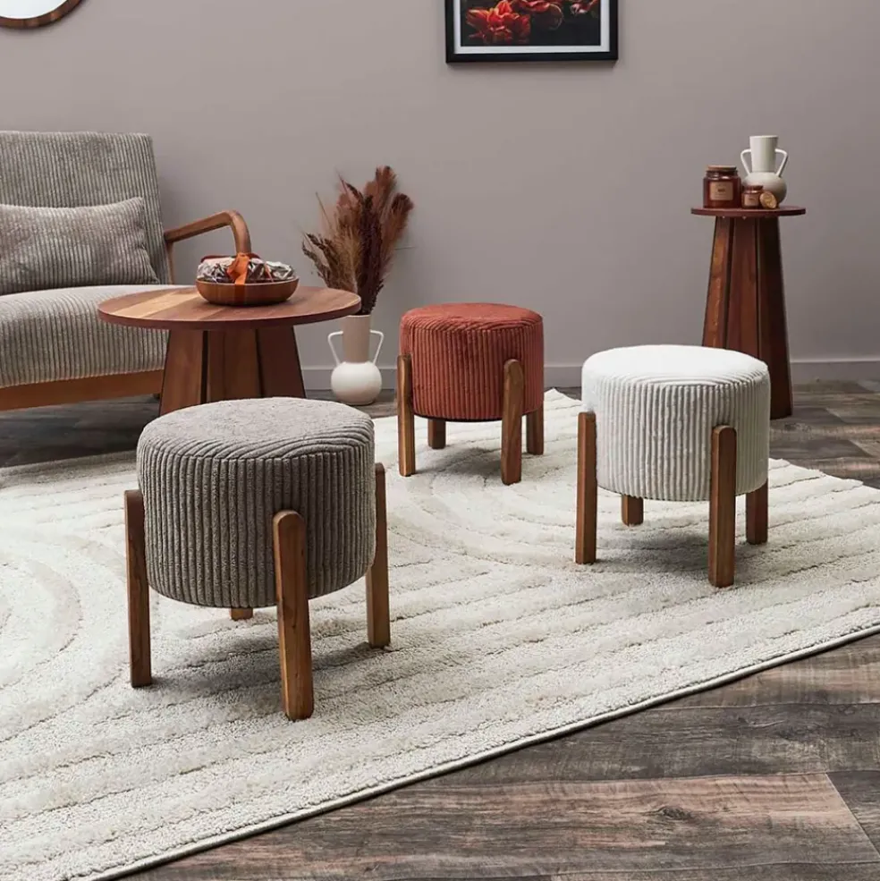 Tabouret en tissu côtelé beige et bois d'acacia - Scarlett