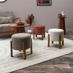 Tabouret en tissu côtelé terracotta et bois d'acacia - Scarlett