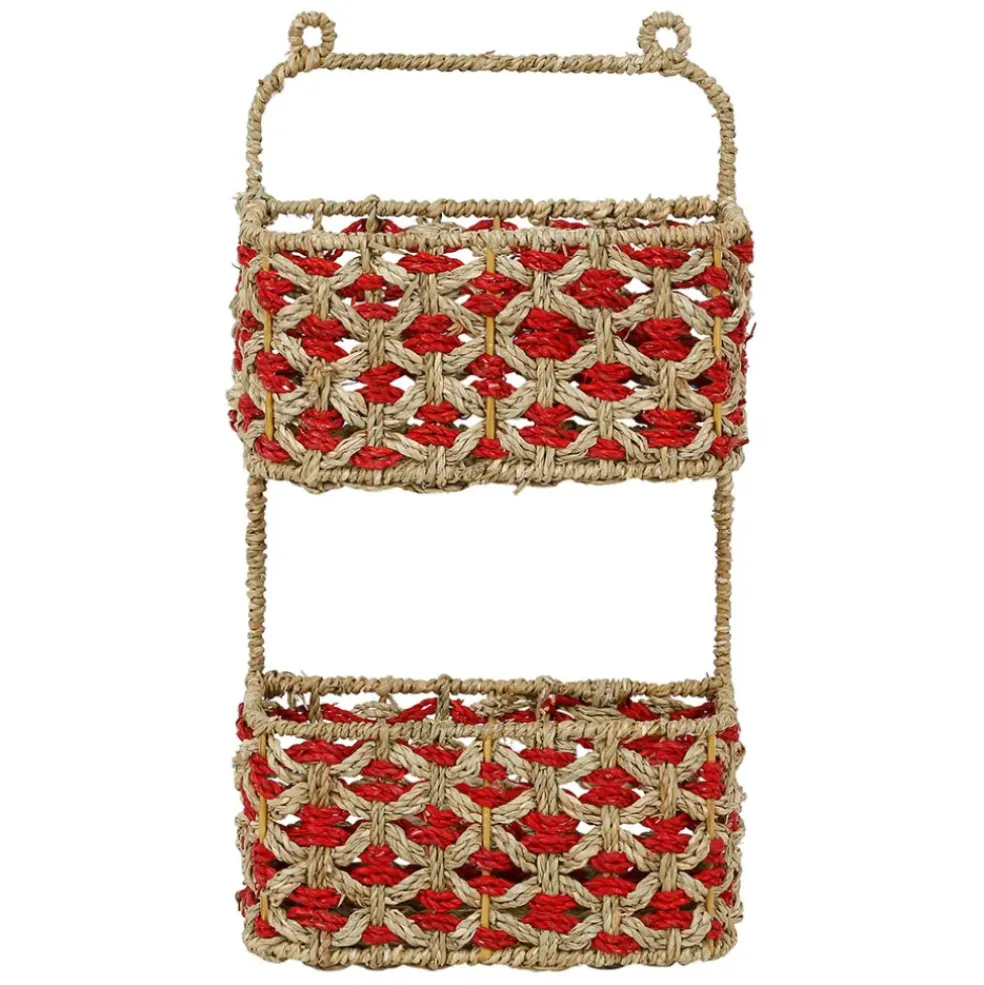 Étagère murale 2 paniers en jonc de mer naturel et rouge