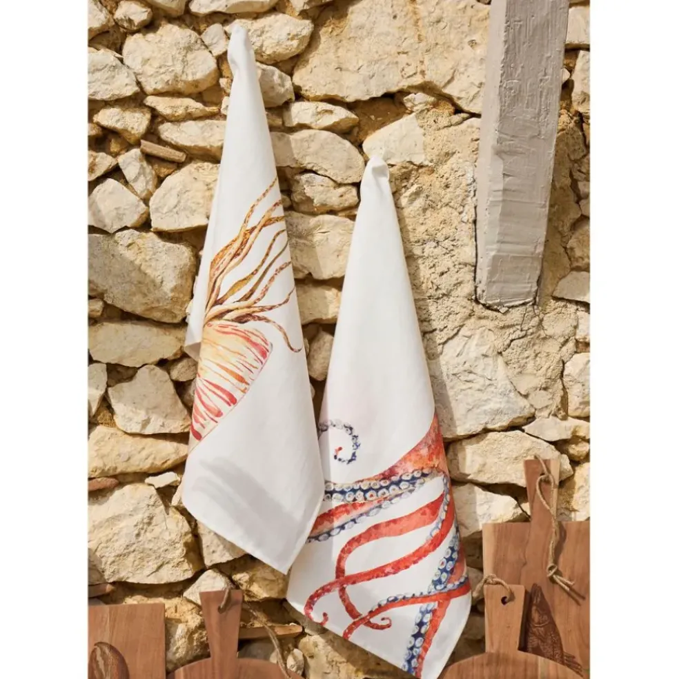 Torchon en coton (x3) faune marine blanc et corail 50x70cm