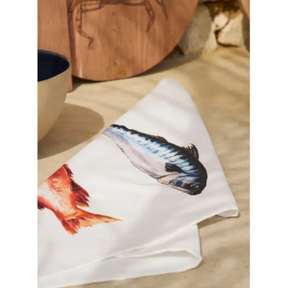 Torchon en coton (x3) faune marine blanc et corail 50x70cm