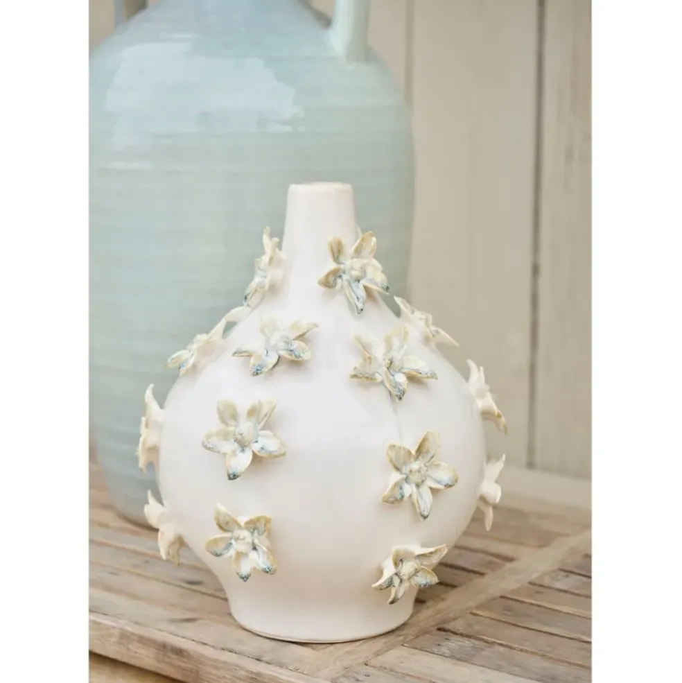 Vase dame jeanne en grès fleurs blanc cassé h25cm - Delicio